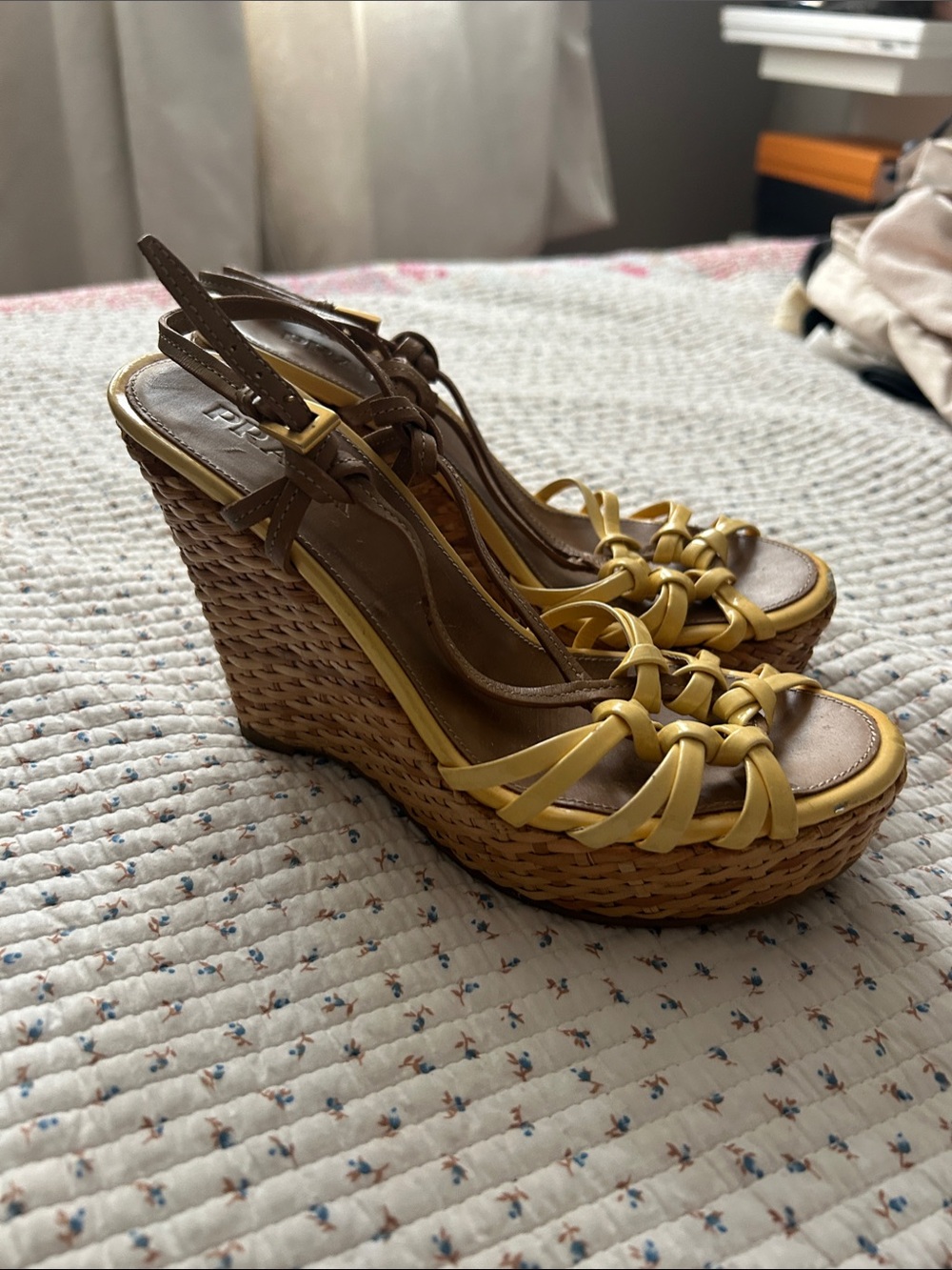 Prada Yellow & Brown Woven Wedge Sandals